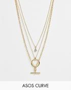 Asos Design Curve Multirow Necklace With Minimal Open Circle And Toggle Pendants In Gold - Gold