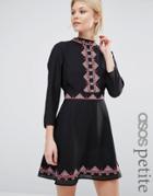 Asos Petite Pretty Embroidered Folk Skater Dress - Black