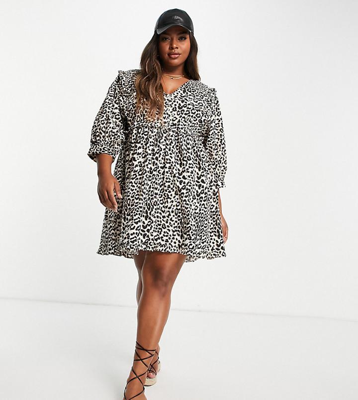 Asos Design Curve Frill V Neck Cotton Button Through Mini Smock Dress In Animal Print-multi