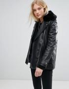 Lab Longline Leather Jacket With Belt And Faux Fur - Black