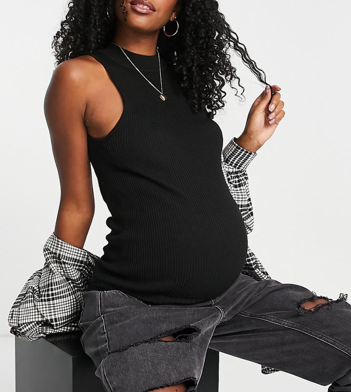 Asos Design Maternity Knit Racer Tank Top With Ribbed Hem Detail In Black