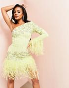 Asos Luxe One Sleeve Mini Dress With Embellishment And Faux Feather Hem In Lime-pink