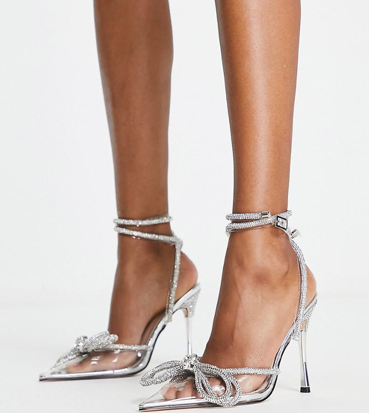 Public Desire Wide Fit Midnight Heeled Shoes With Rhinestone Bow Detail In Silver-clear