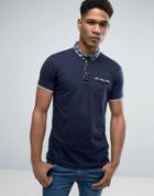 Brave Soul Contrast Feather Print Collar Polo - Blue