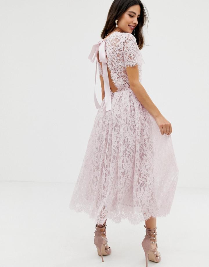 Asos Design Lace Midi Dress With Ribbon Tie And Open Back-pink