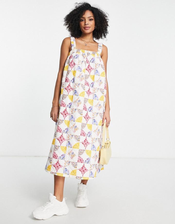 Asos Design Square Neck Trapeze Midi Dress In Pink Floral-multi