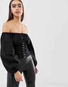 Asos Design Off Shoulder Top With Bell Sleeves And Hook And Eye Detail - Black