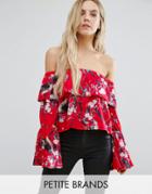 Missguided Petite Floral Print Flare Sleeve Bardot Top - Red