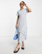Qed London Frill Detail Midi Dress In Blue Ditsy Floral Print-multi