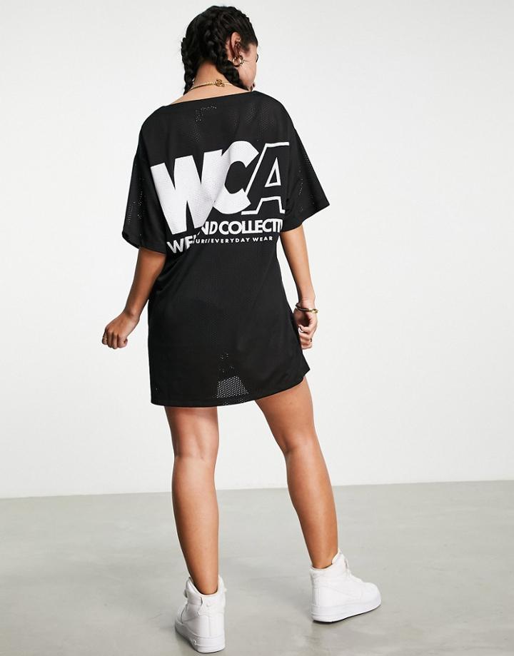 Asos Weekend Collective Airtex Mesh Mini Dress With Logo-black
