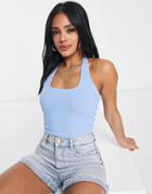 Asos Design Square Halter Neck Crop Top In Blue