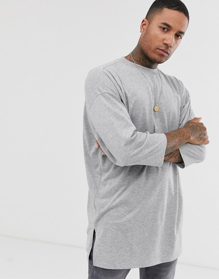 Asos Design Oversized Super Longline T-shirt With 3/4 Sleeve In Gray Marl - Gray