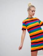 Daisy Street Short Sleeve T-shirt Dress In Rainbow Stripe - Multi