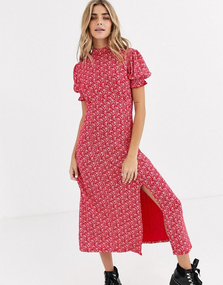 Miss Selfridge Midi Dress With High Neck In Floral Print-red