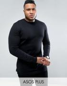 Asos Plus Muscle Fit Longline Sweater With Side Zips In Black - Black
