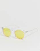Asos Design Round Sunglasses In Clear Crystal And Yellow Lenses - Yellow
