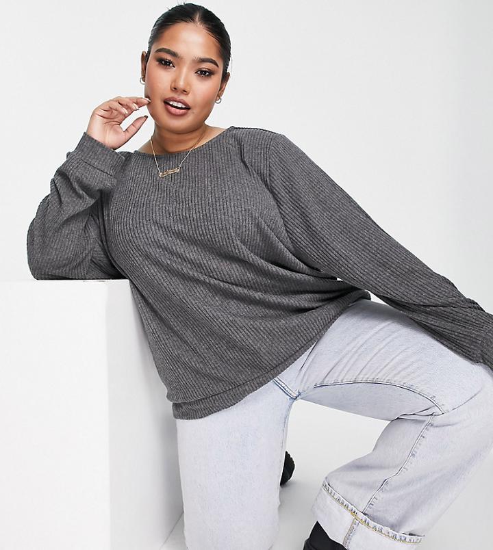 Only Plus Carlortney Long Sleeve Boatneck Jersey Top In Dark Gray Melange