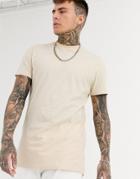 Asos Design Longline T-shirt With Crew Neck And Side Splits In Beige