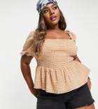 Violet Romance Plus Shirred Blouse In Grid Print-brown