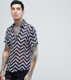 Reclaimed Vintage Inspired Shirt With Short Sleeves In Black With Floral Zig Zag Reg Fit - Black