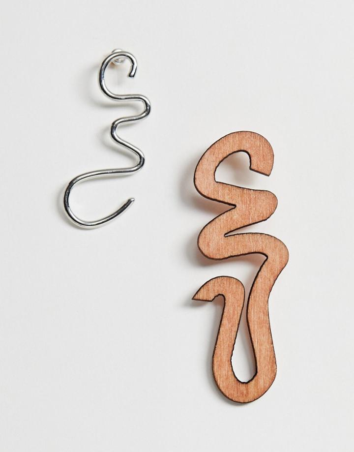 Asos Design Earrings In Asymmetric Wood And Metal Design In Silver Tone - Silver