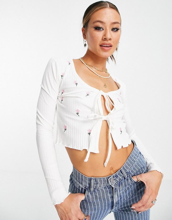 Only Organic Cotton Ribbed Cardigan With Flower Embroidery - Part Of A Set-white