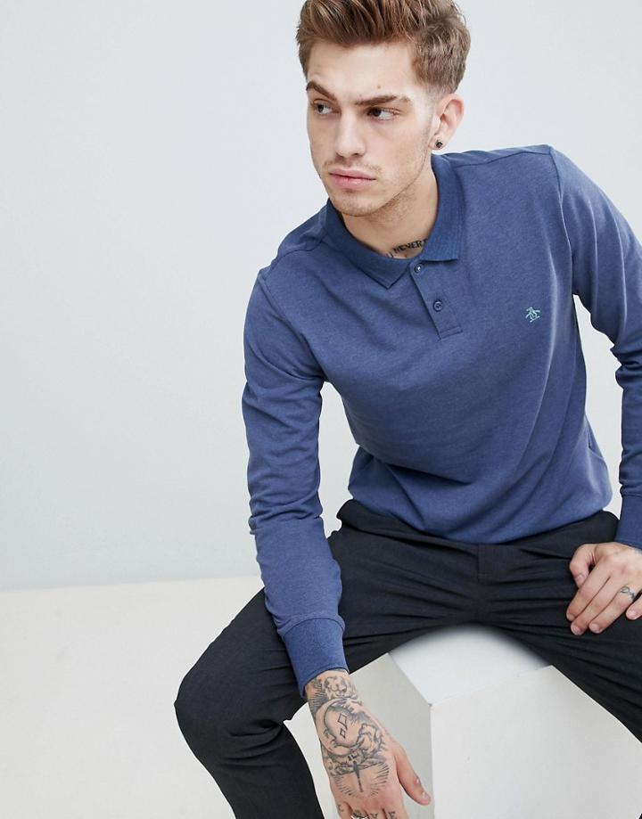 Original Penguin Long Sleeve Pique Polo Small Logo In Blue Marl - Blue