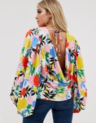 Asos Design Long Sleeve Satin Top With Cowl Back And Volume Sleeve Detail In Floral Print-multi