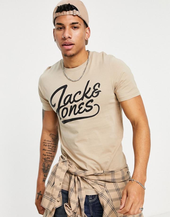 Jack & Jones Large Script Logo T-shirt In Stone-neutral