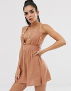 Asos Design Plunge Front Beach Sundress With Shell Trim - Brown