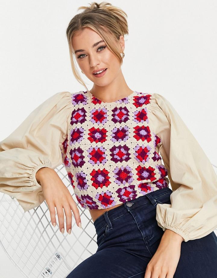 Asos Design Long Sleeve Top With Patchwork Crochet Detail And Tassel Tie In Beige-multi