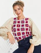 Asos Design Long Sleeve Top With Patchwork Crochet Detail And Tassel Tie In Beige-multi