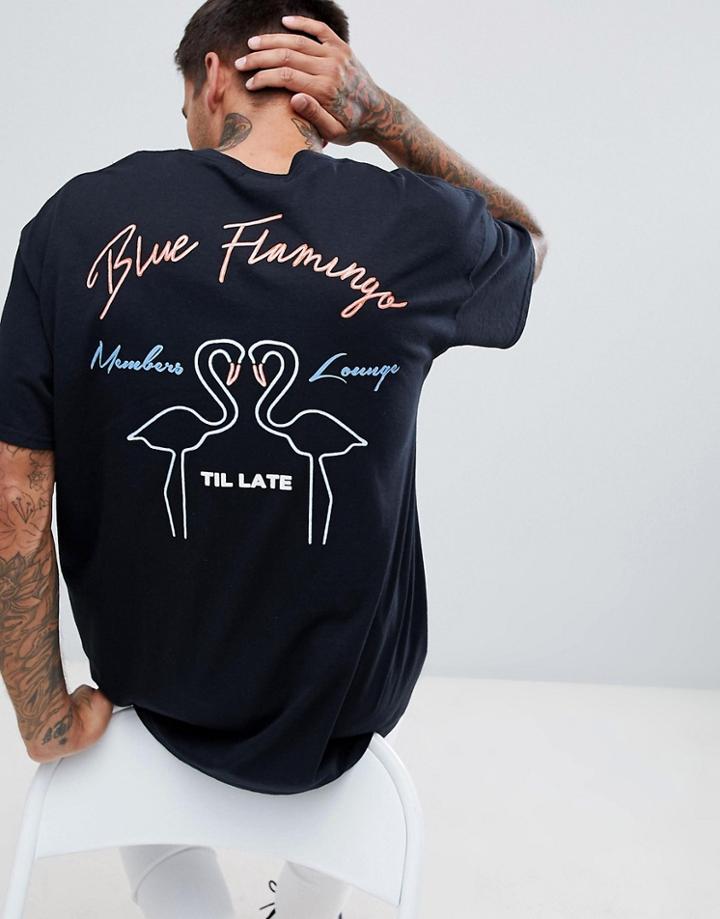 Boohooman Oversized T-shirt With Blue Flamingo Print In Black - Black
