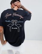 Boohooman Oversized T-shirt With Blue Flamingo Print In Black - Black
