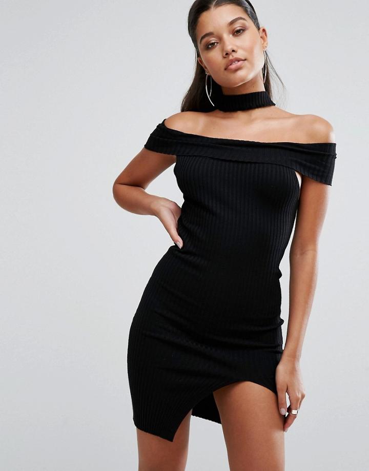 Parallel Lines Off Shoulder Bodycon Dress With Choker Detail - Black