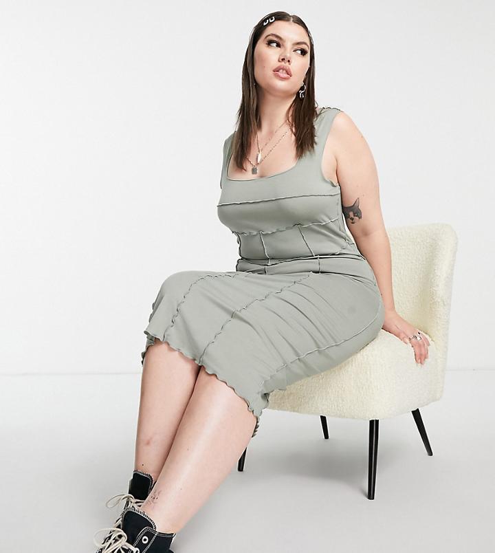 Asos Design Curve Square Neck Midi Dress With Straight Hem And Corset Seams In Khaki-green
