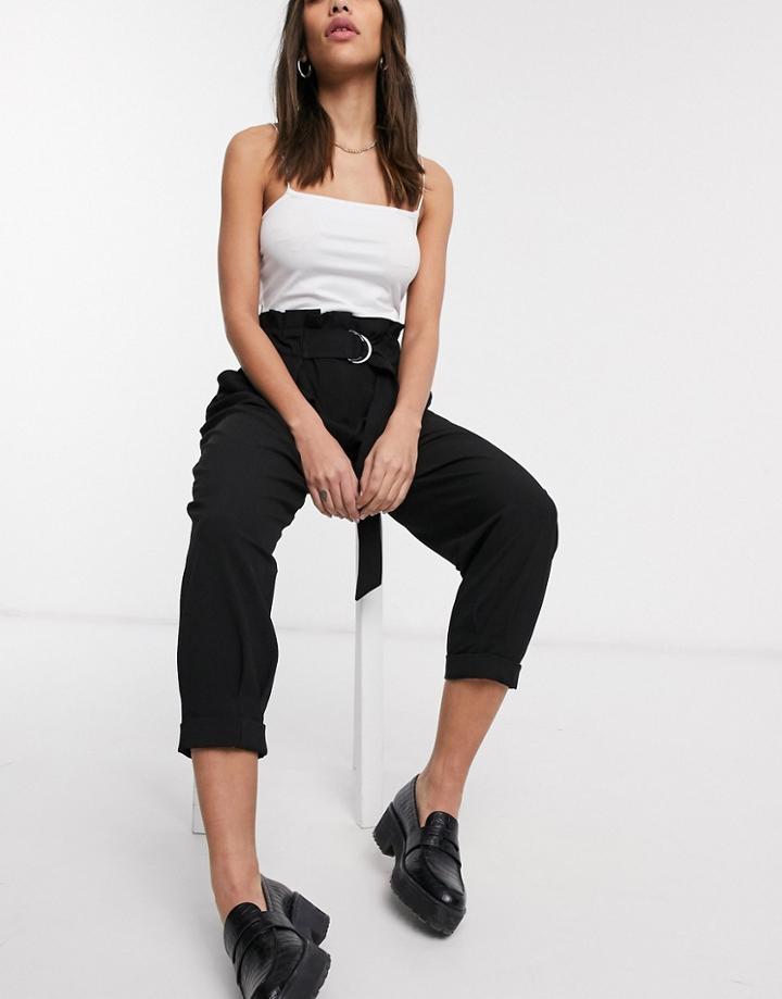 Bershka Relaxed Paperbag Pants With Belt In Black