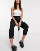 Bershka Relaxed Paperbag Pants With Belt In Black
