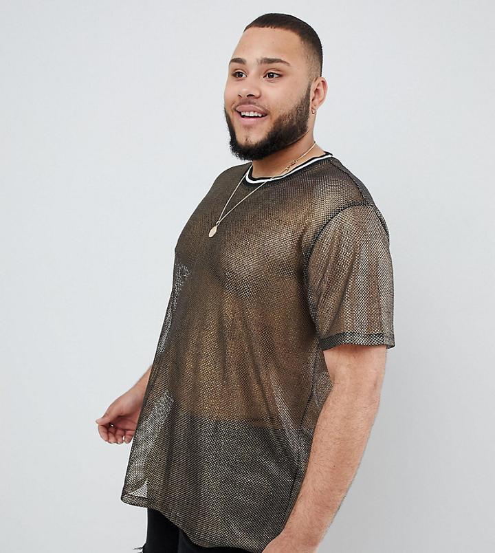 Asos Design Festival Plus Oversized Longline T-shirt In Gold Mesh - Gold