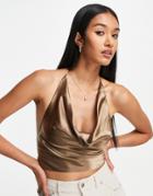 Urban Threads Satin Cowl Neck Tie Back Handkerchief Top In Brown