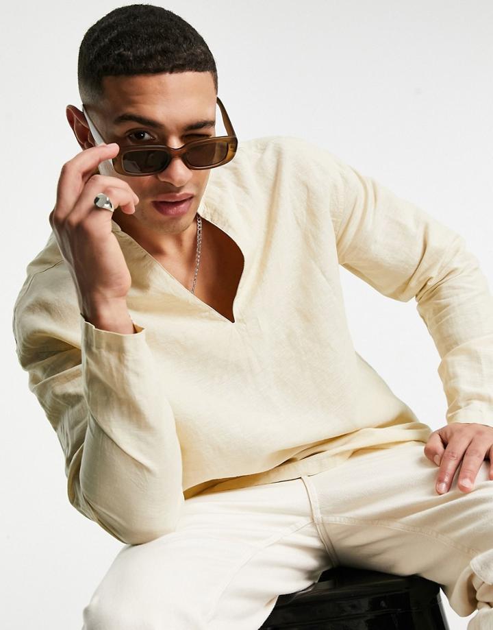 Asos Design Relaxed Fit Overhead Linen Shirt In Light Yellow
