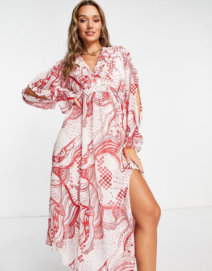 River Island Ruffle Midi Dress In Red