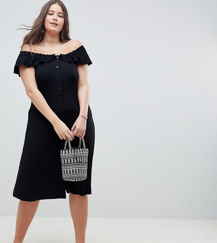 Asos Design Curve Off Shoulder Button Through Midi Sundress - Black