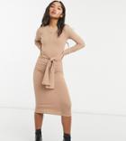 New Look Petite Long Sleeved Ribbed Tie Front Midi Dress In Camel-brown