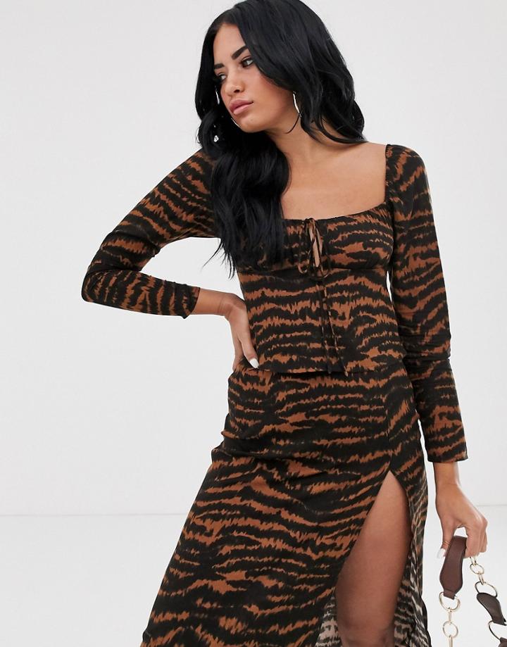 Motel Long Sleeve Milkmaid Top With Tie Front In Tiger Print-brown