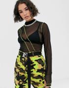 Asos Design Top In Mesh With Long Sleeve And Contrast Seams-black