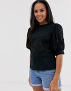 Asos Design Broderie Short Sleeve Top With Volume Sleeves