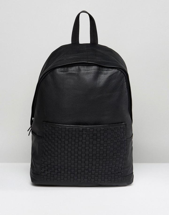 Asos Backpack In Black Leather With Woven Pocket - Black