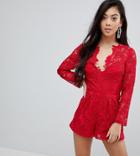 Asos Petite Premium Lace Romper - Red