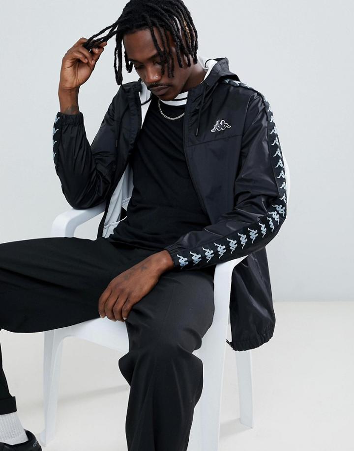 Kappa Hooded Zip Through Windbreaker With Logo Taping In Black - Black